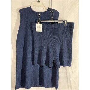 Boutique Short Set Navy Blue Sweater Set Womens XXL 2pc Trending Comfort